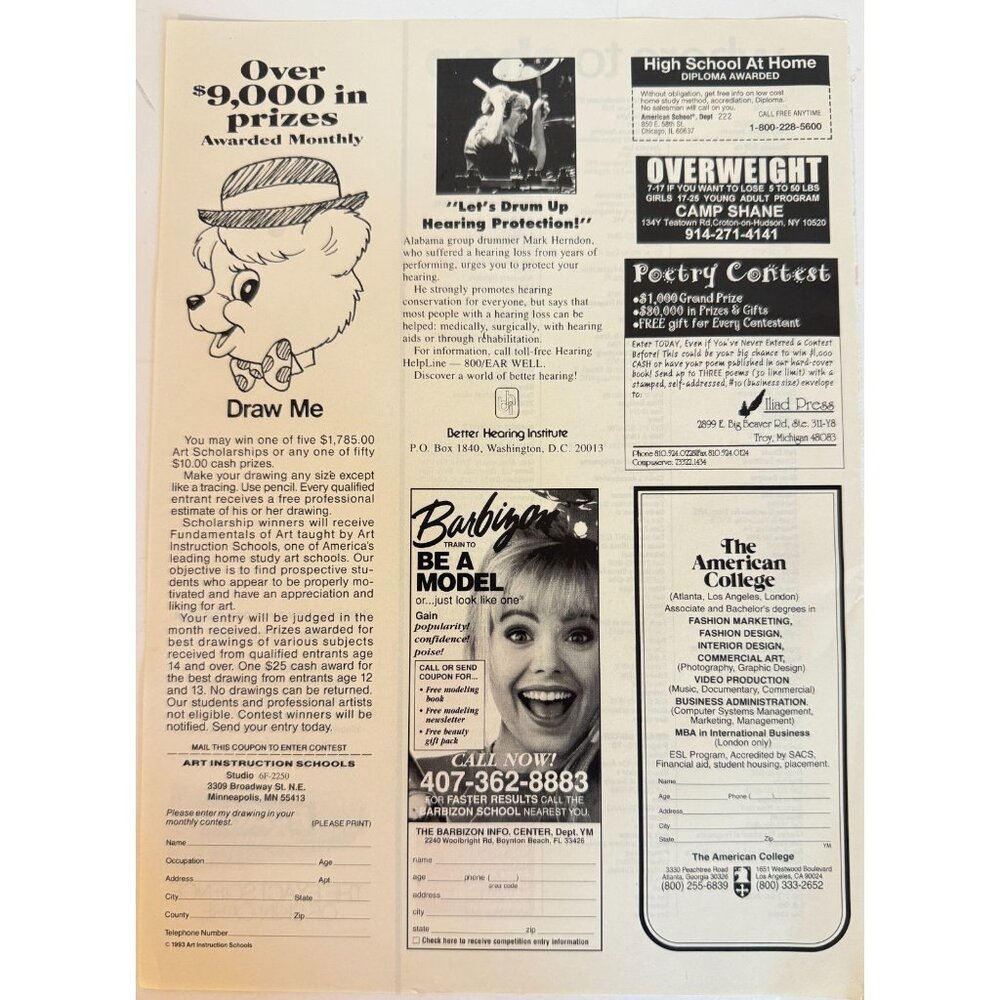 Vintage 1994 Barbizon Modeling School Classified Ads Advertisement Print